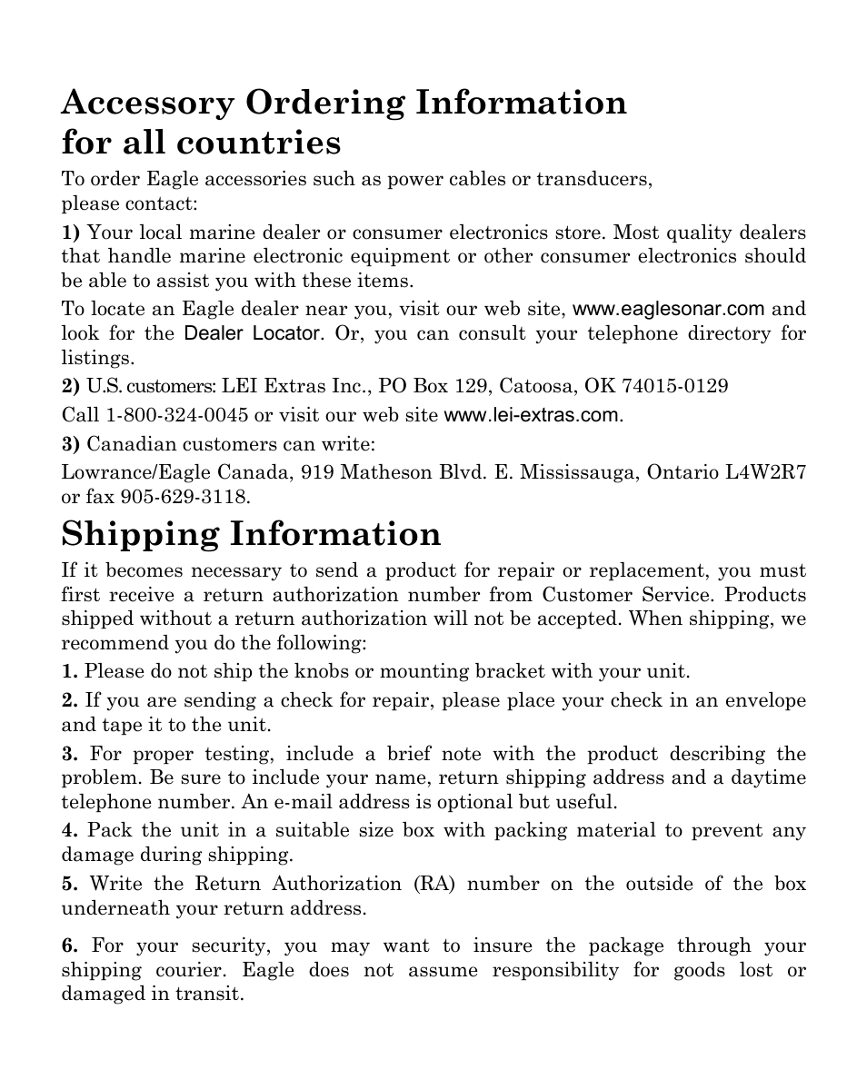 Accessory ordering information for all countries, Shipping information | Eagle Electronics CUDA 242 User Manual | Page 71 / 72