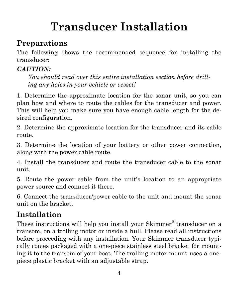 Transducer installation, Preparations, Installation | Eagle Electronics CUDA 242 User Manual | Page 8 / 72