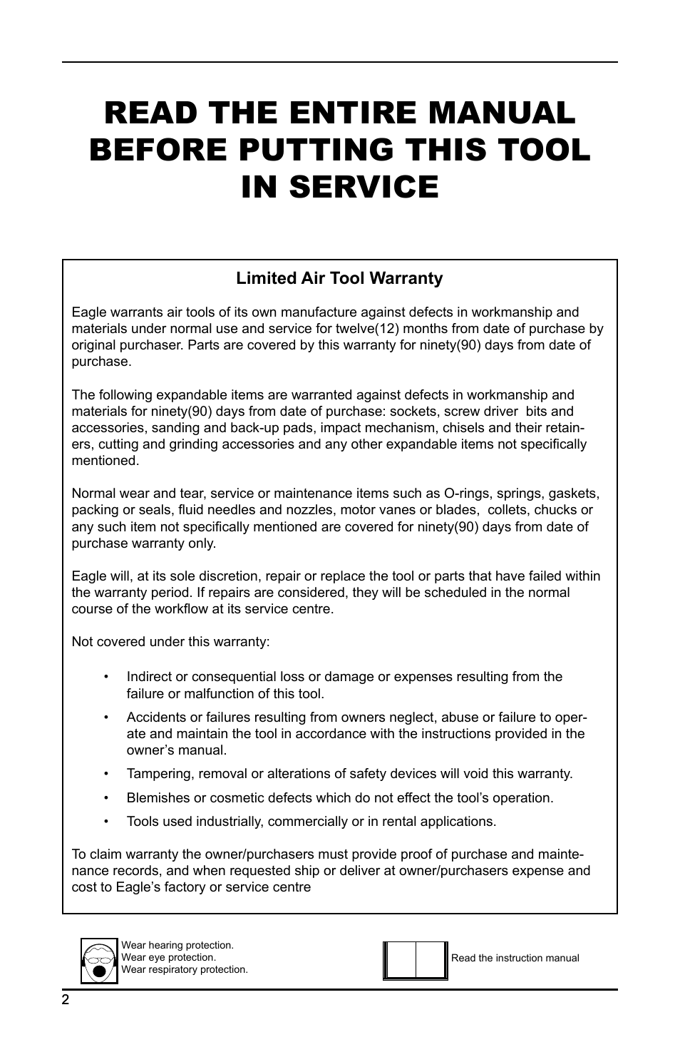 Limited air tool warranty | Eagle Pump & Compressor EGA200 User Manual | Page 2 / 8