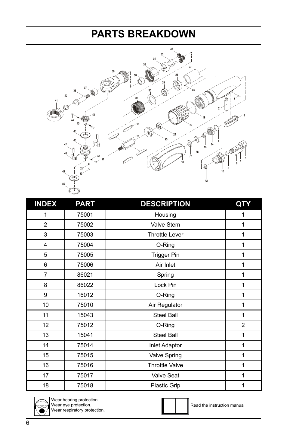 Parts breakdown, Index part description qty | Eagle Pump & Compressor EGA200 User Manual | Page 6 / 8