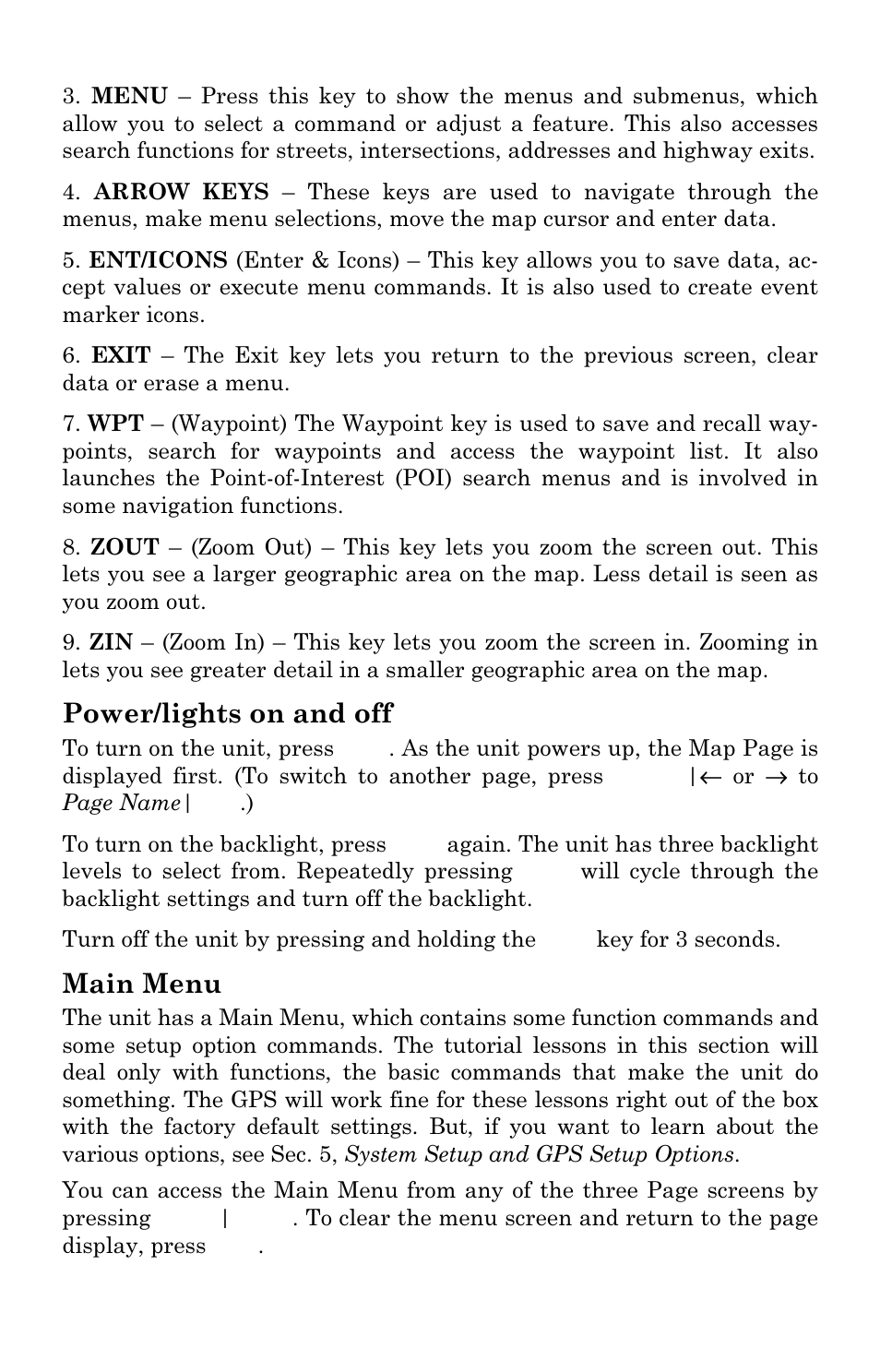 Power/lights on and off, Main menu | Eagle Electronics IntelliMap 480 User Manual | Page 28 / 128