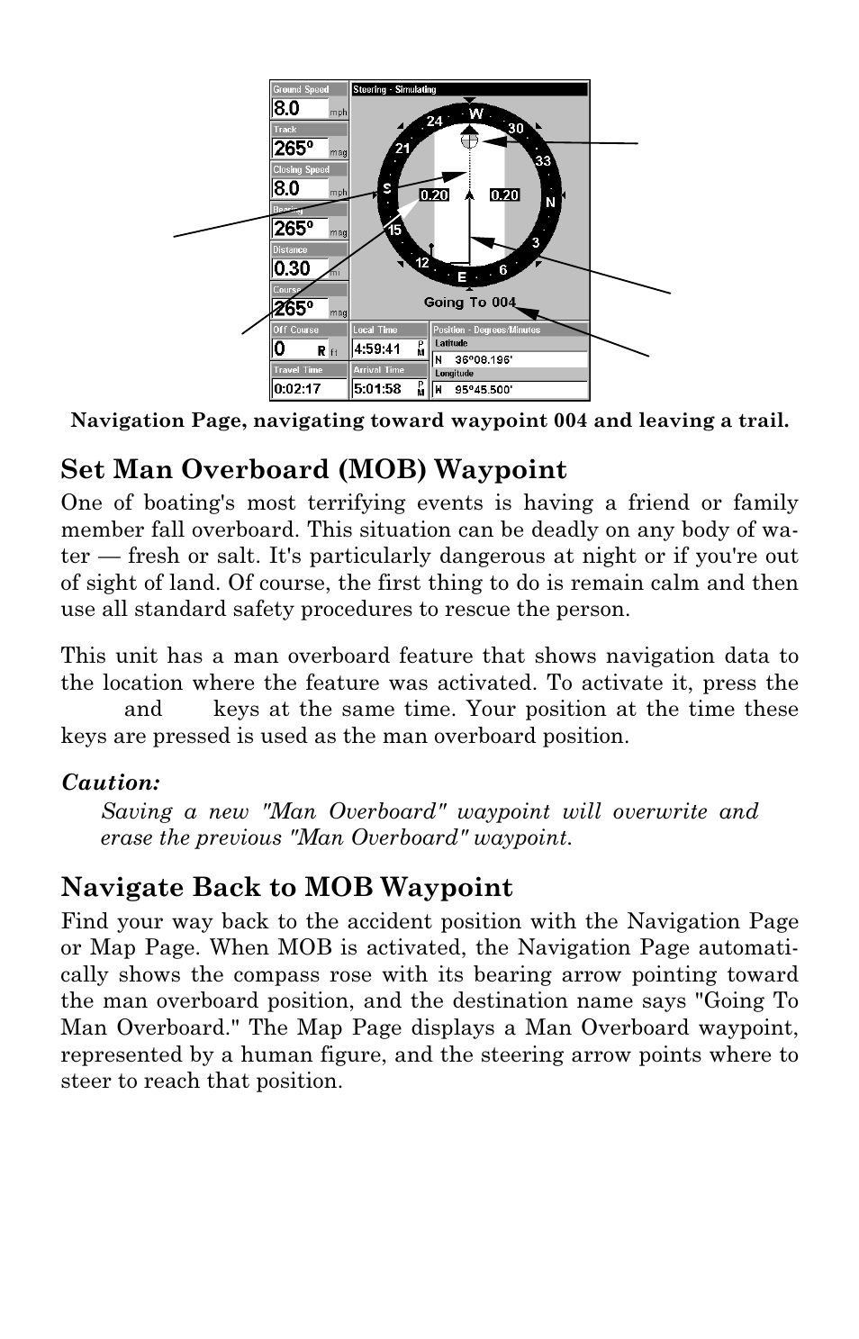 Set man overboard (mob) waypoint, Navigate back to mob waypoint | Eagle Electronics IntelliMap 480 User Manual | Page 46 / 128