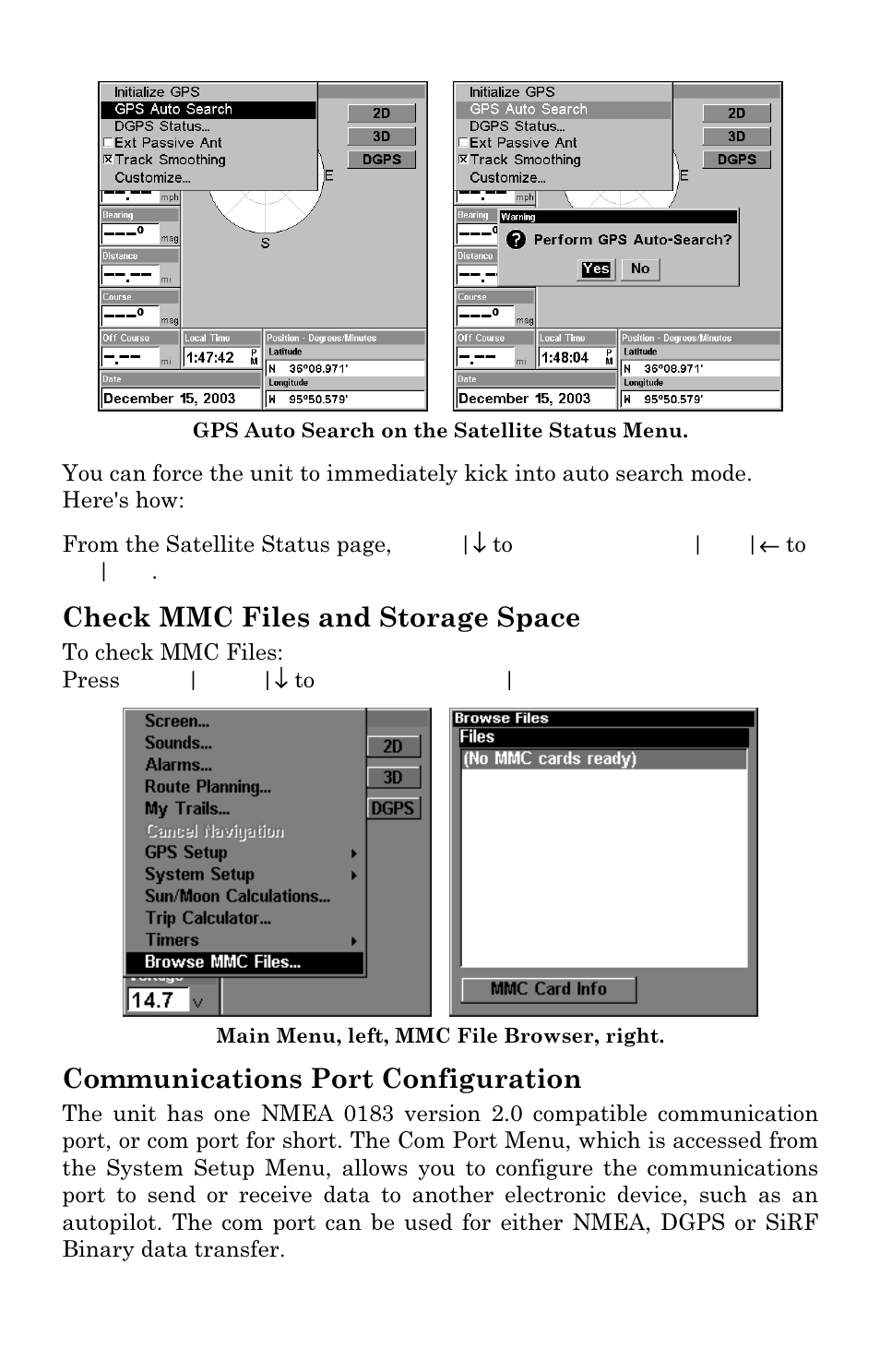 Check mmc files and storage space, Communications port configuration | Eagle Electronics IntelliMap 480 User Manual | Page 73 / 128