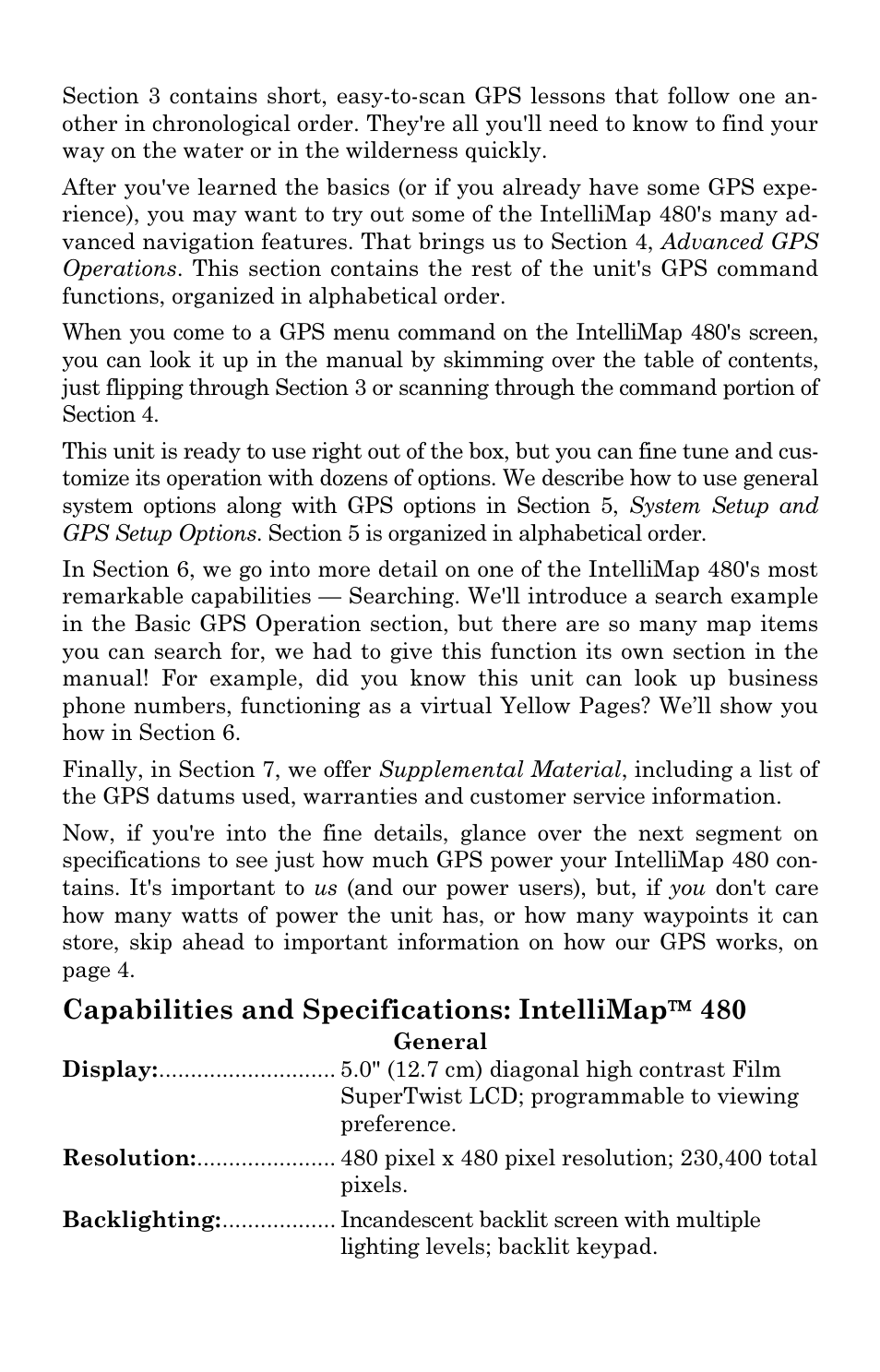 Capabilities and specifications: intellimap  480 | Eagle Electronics IntelliMap 480 User Manual | Page 8 / 128