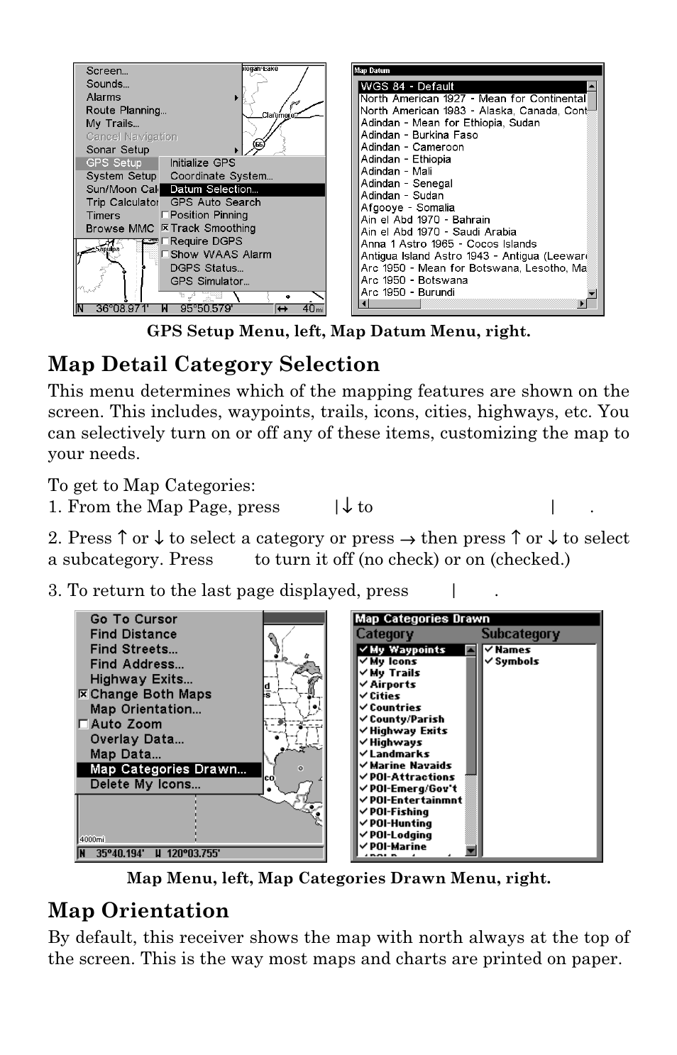 Map detail category selection, Map orientation | Eagle Electronics IntelliMap 480 User Manual | Page 84 / 128