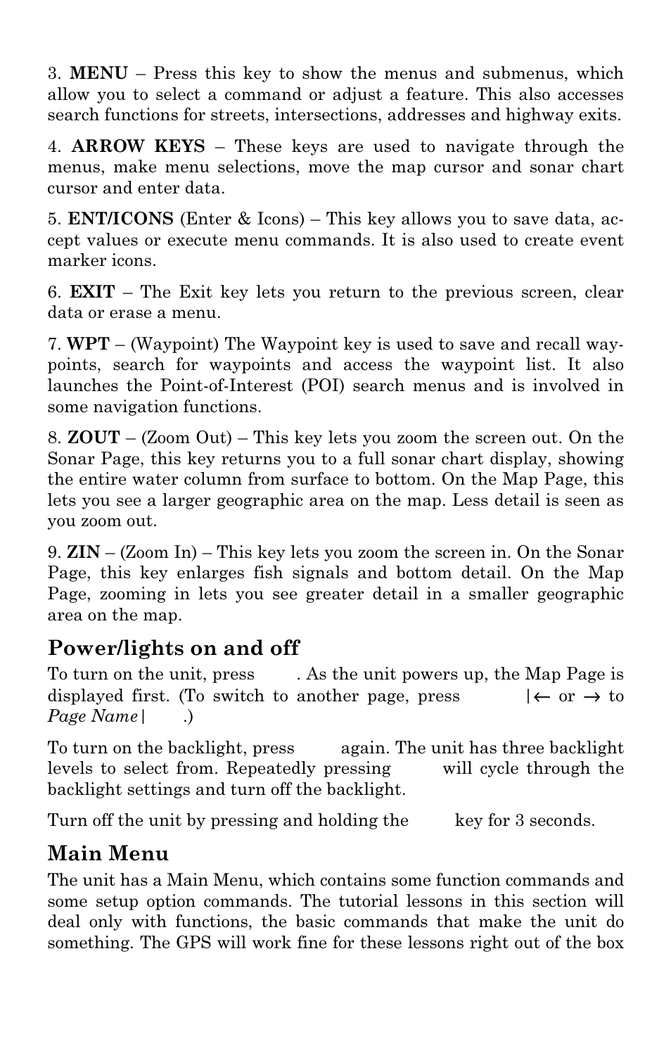 Power/lights on and off, Main menu | Eagle Electronics FishElite User Manual | Page 100 / 200