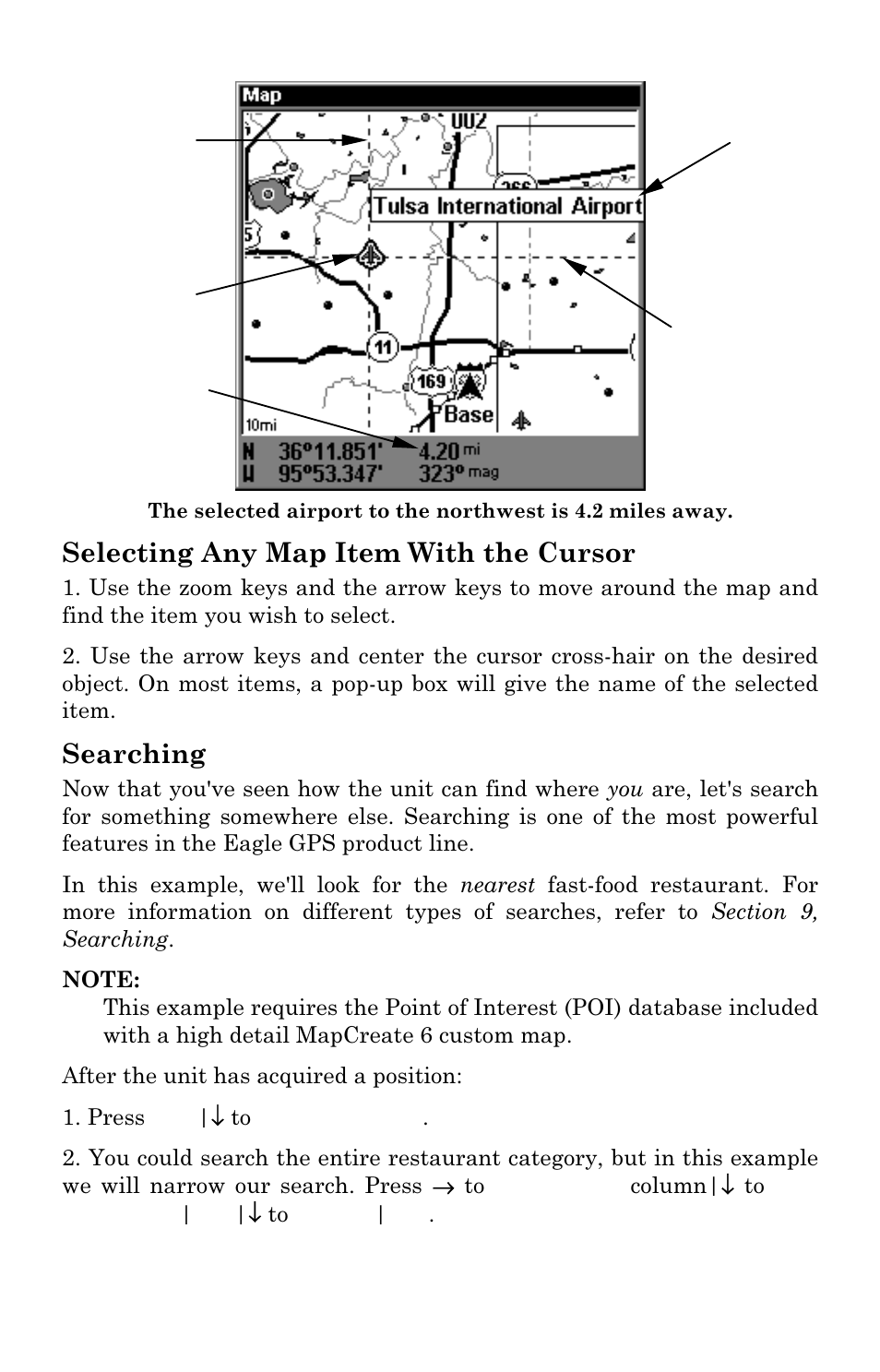 Selecting any map item with the cursor, Searching | Eagle Electronics FishElite User Manual | Page 113 / 200