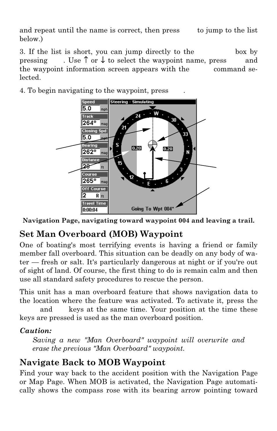 Set man overboard (mob) waypoint, Navigate back to mob waypoint | Eagle Electronics FishElite User Manual | Page 118 / 200