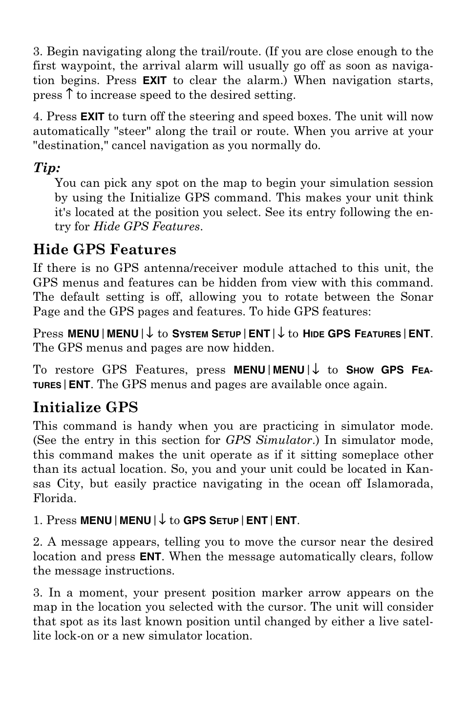 Hide gps features, Initialize gps | Eagle Electronics FishElite User Manual | Page 152 / 200