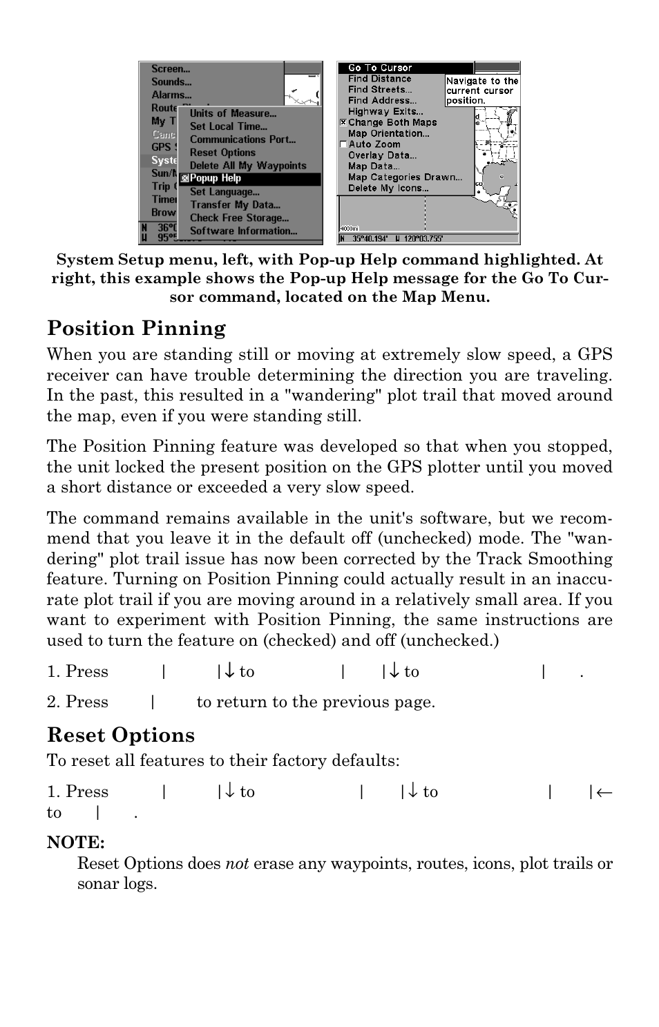 Position pinning, Reset options | Eagle Electronics FishElite User Manual | Page 163 / 200