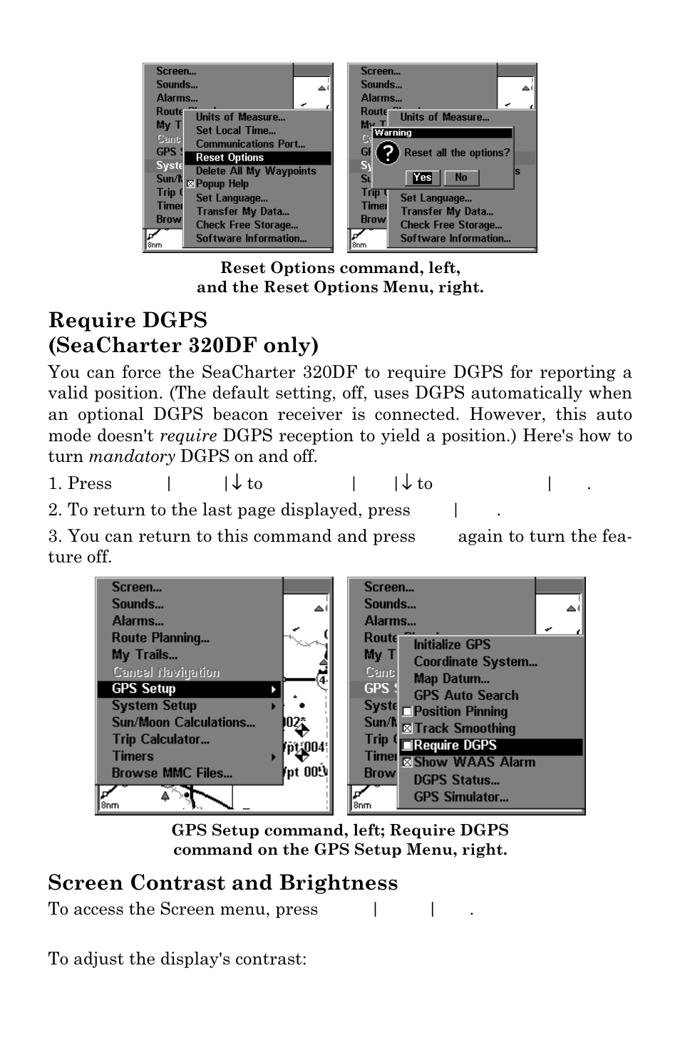 Require dgps (seacharter 320df only), Screen contrast and brightness | Eagle Electronics FishElite User Manual | Page 164 / 200
