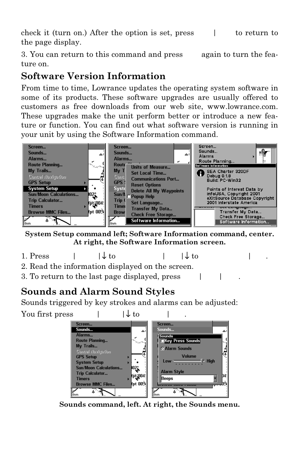 Software version information, Sounds and alarm sound styles | Eagle Electronics FishElite User Manual | Page 167 / 200