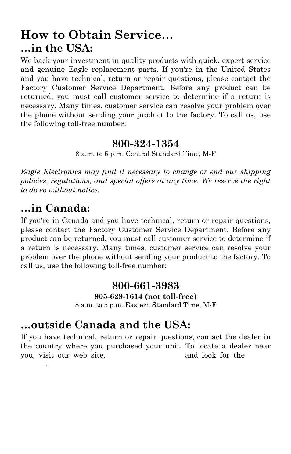 How to obtain service, Outside canada and the usa | Eagle Electronics FishElite User Manual | Page 198 / 200