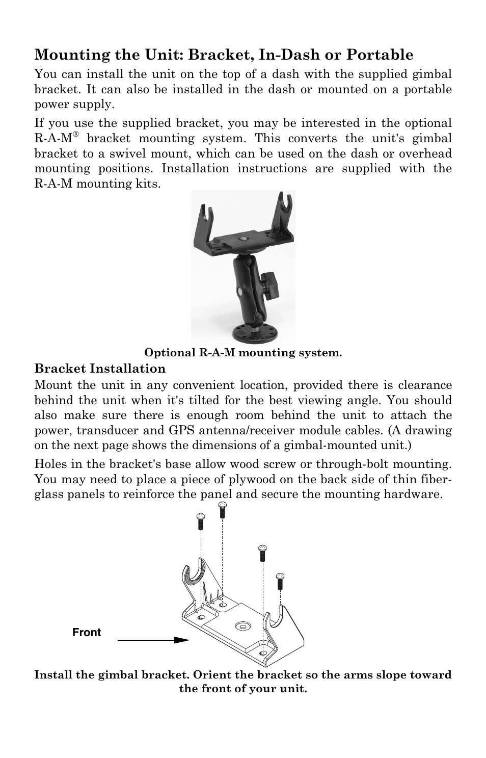 Mounting the unit: bracket, in-dash or portable | Eagle Electronics FishElite User Manual | Page 43 / 200