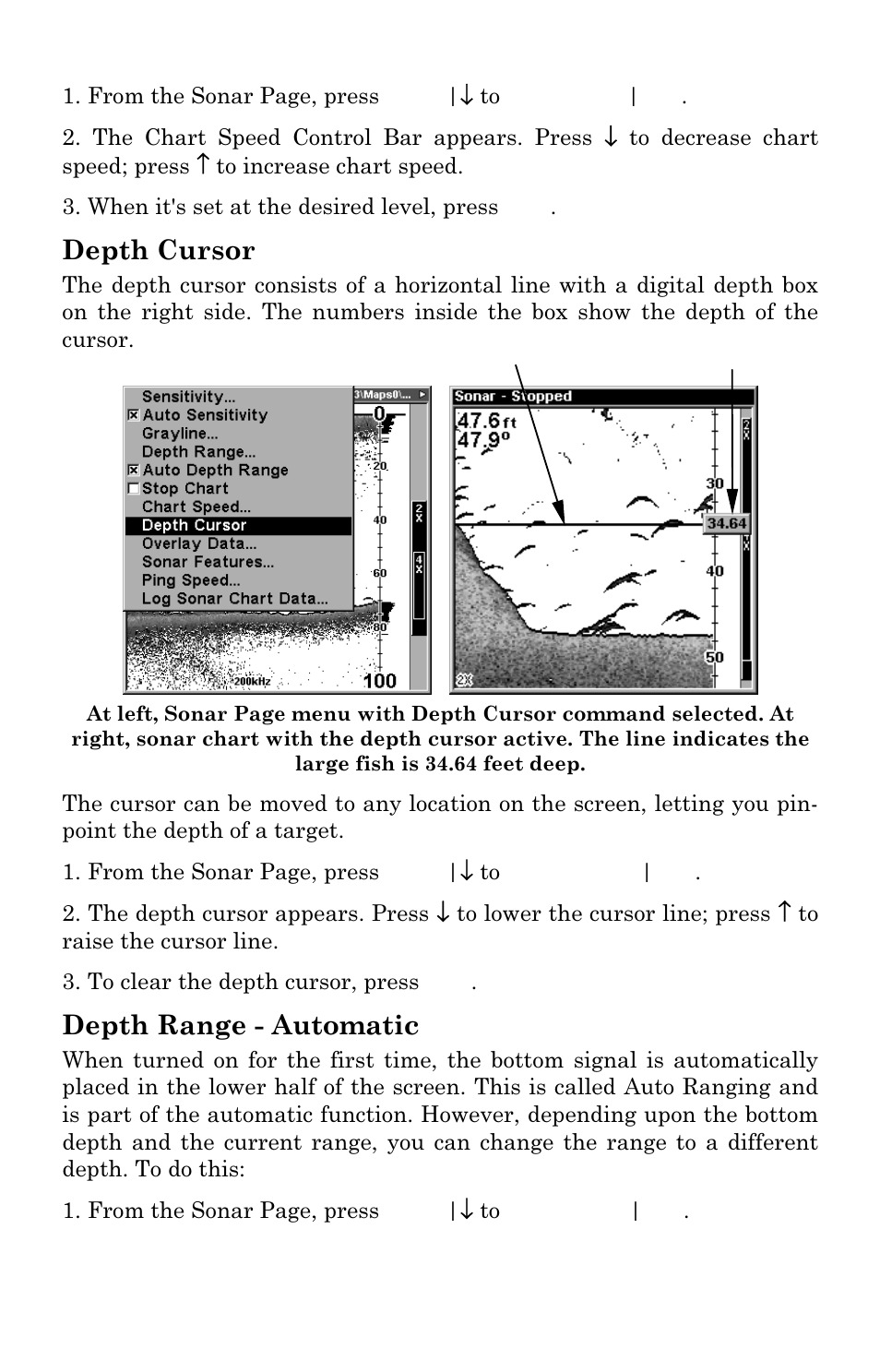 Depth cursor, Depth range - automatic | Eagle Electronics FishElite User Manual | Page 68 / 200