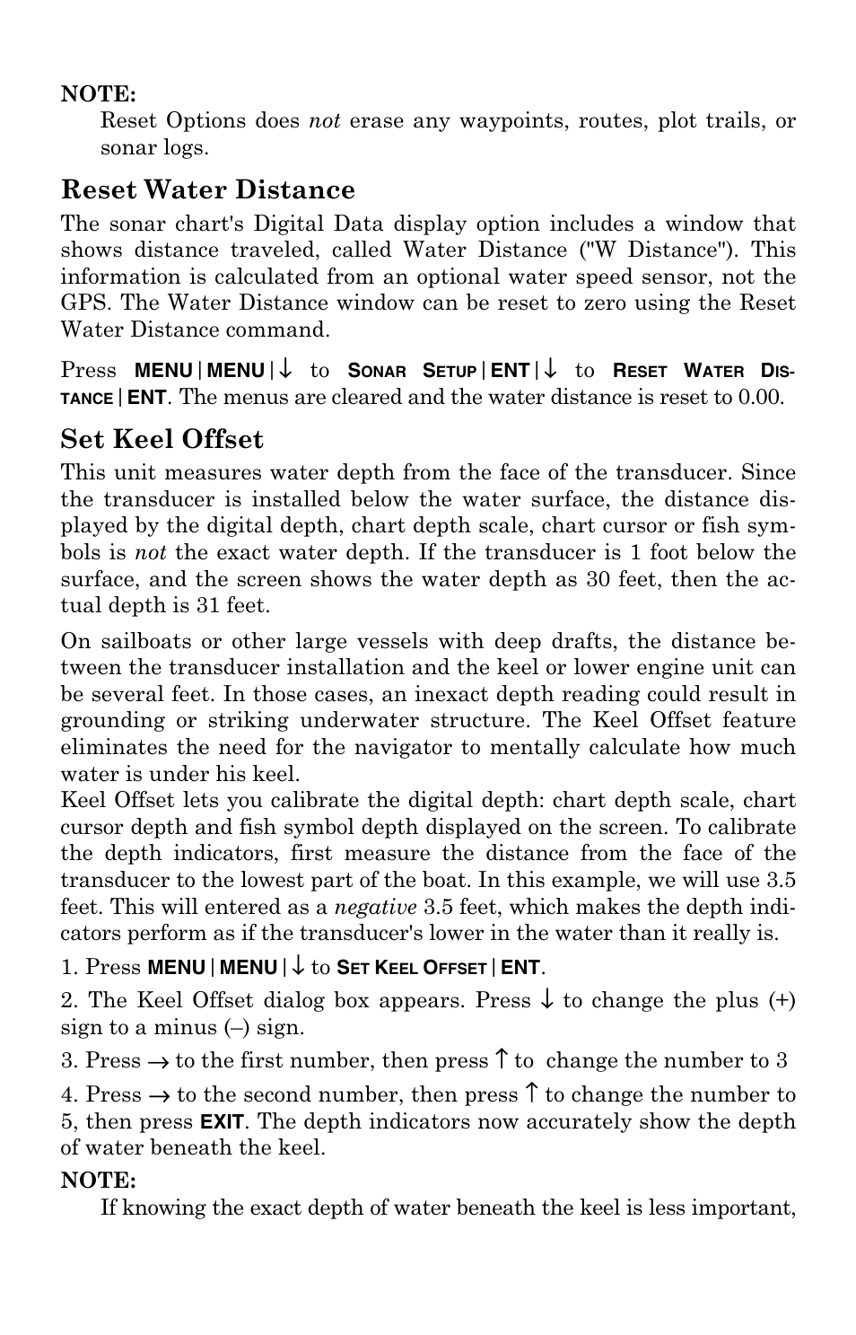 Reset water distance, Set keel offset | Eagle Electronics FishElite User Manual | Page 82 / 200