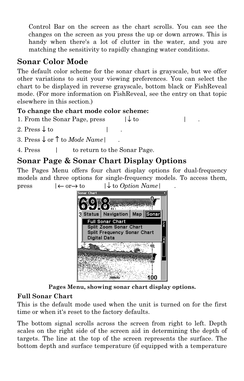 Sonar color mode, Sonar page & sonar chart display options | Eagle Electronics FishElite User Manual | Page 85 / 200