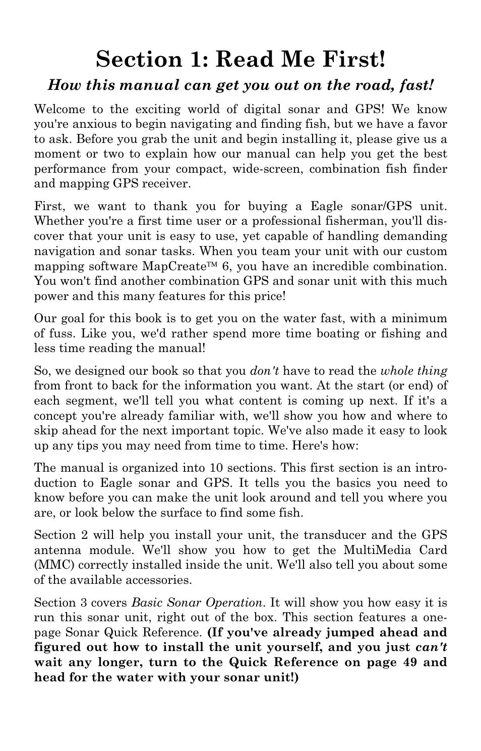 How this manual can get you out on the road, fast | Eagle Electronics FishElite User Manual | Page 9 / 200