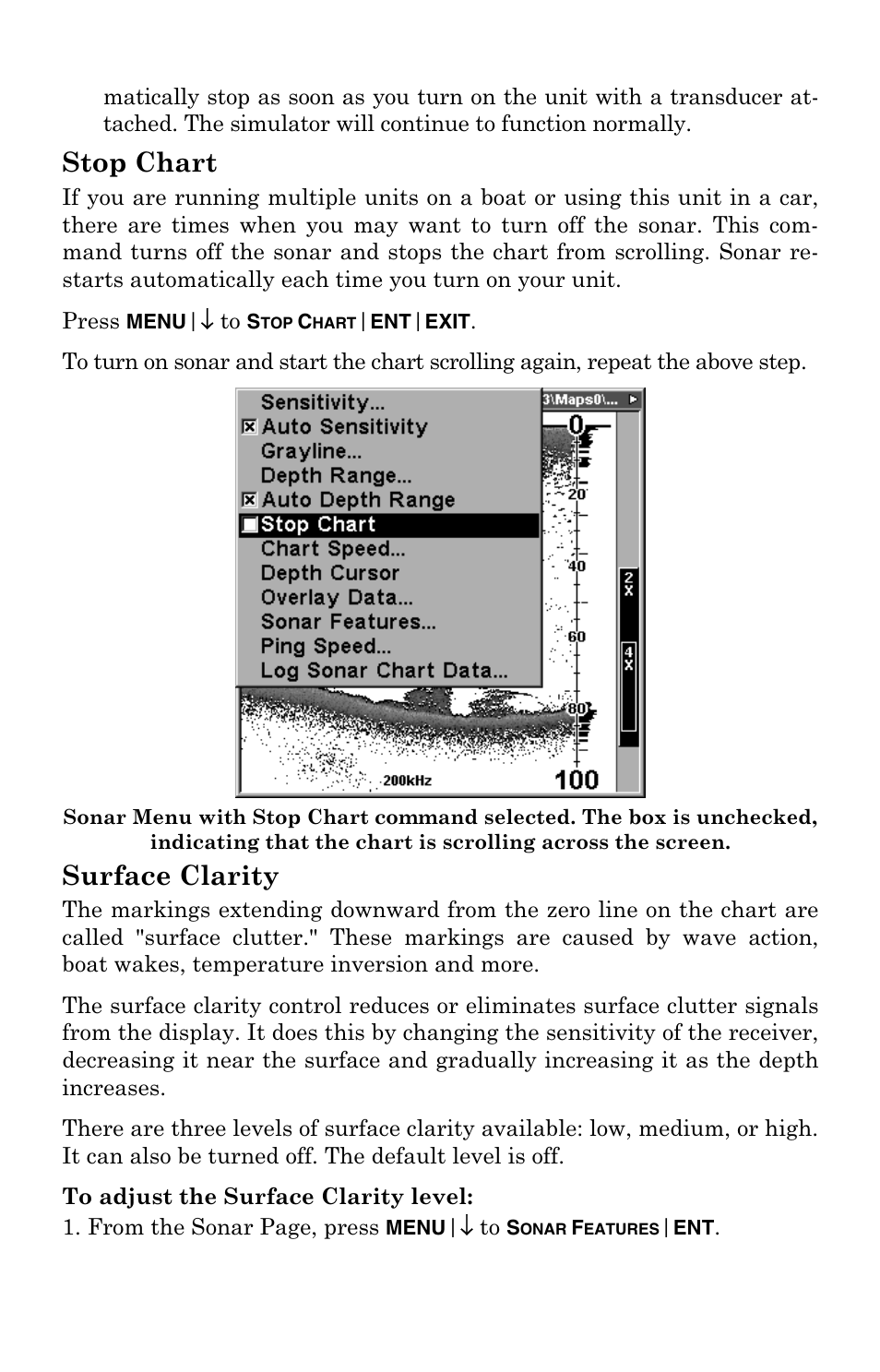 Stop chart, Surface clarity | Eagle Electronics FishElite User Manual | Page 92 / 200