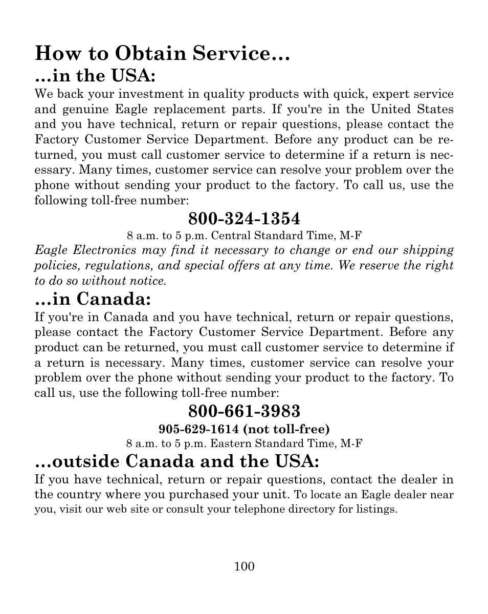 How to obtain service, Outside canada and the usa | Eagle Electronics FISHMARK 640C User Manual | Page 106 / 108