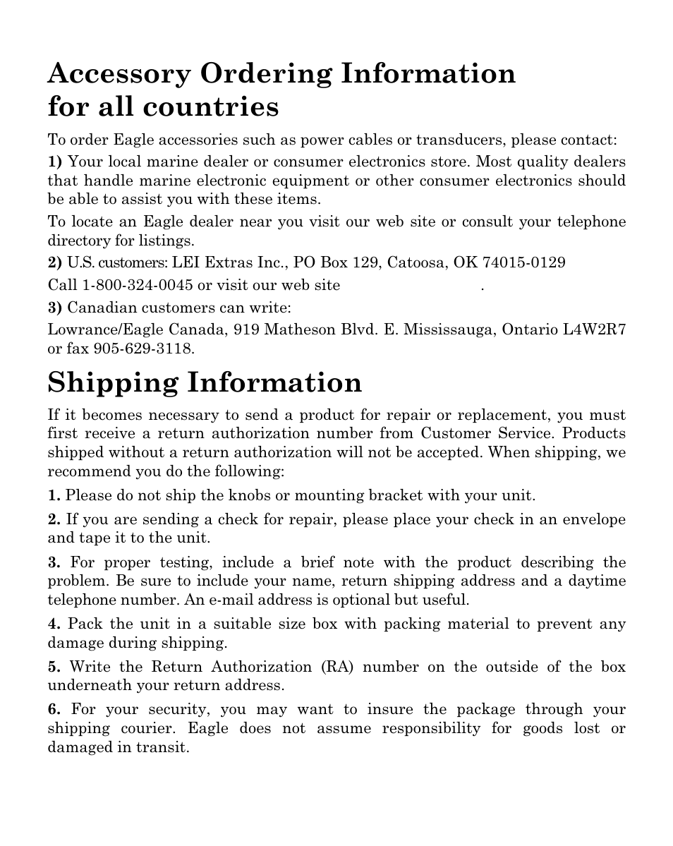 Accessory ordering information for all countries, Shipping information | Eagle Electronics FISHMARK 640C User Manual | Page 107 / 108