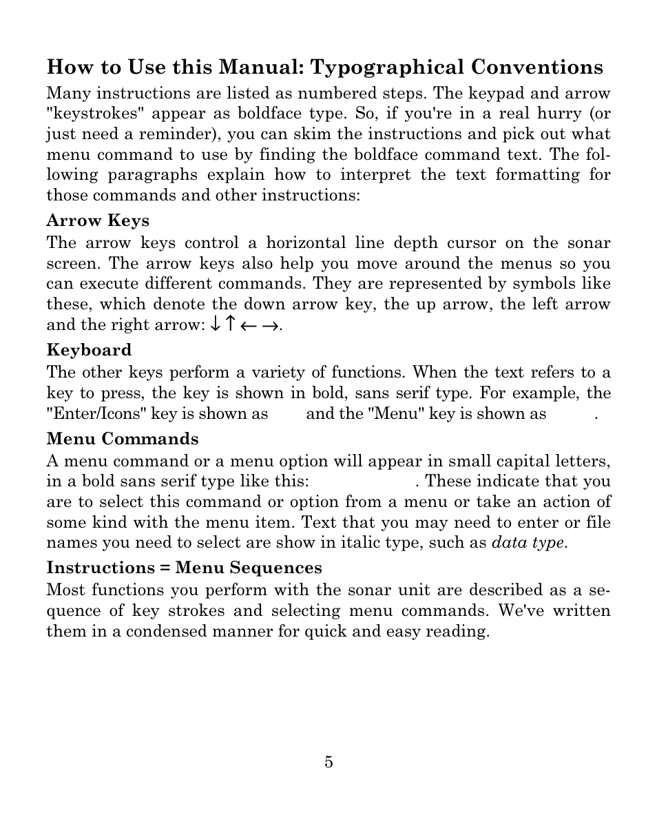 How to use this manual: typographical conventions | Eagle Electronics FISHMARK 640C User Manual | Page 11 / 108