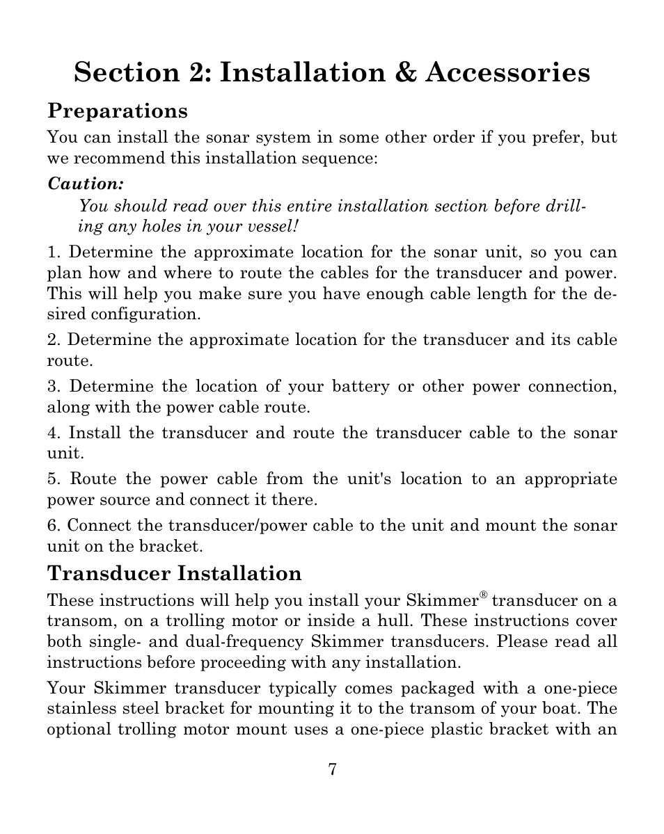 Preparations, Transducer installation | Eagle Electronics FISHMARK 640C User Manual | Page 13 / 108