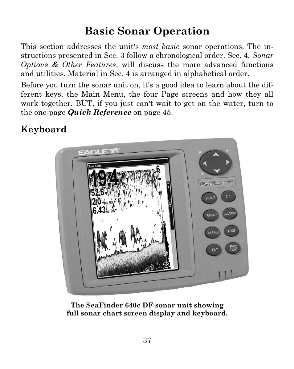 Basic sonar operation, Keyboard | Eagle Electronics FISHMARK 640C User Manual | Page 43 / 108