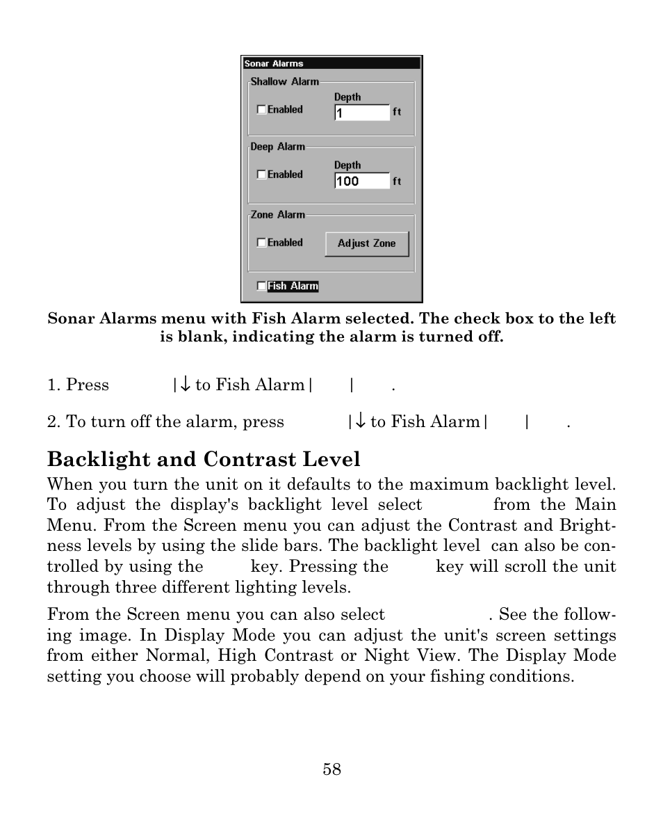 Backlight and contrast level | Eagle Electronics FISHMARK 640C User Manual | Page 64 / 108