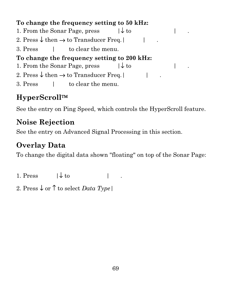 Hyperscroll, Noise rejection, Overlay data | Eagle Electronics FISHMARK 640C User Manual | Page 75 / 108