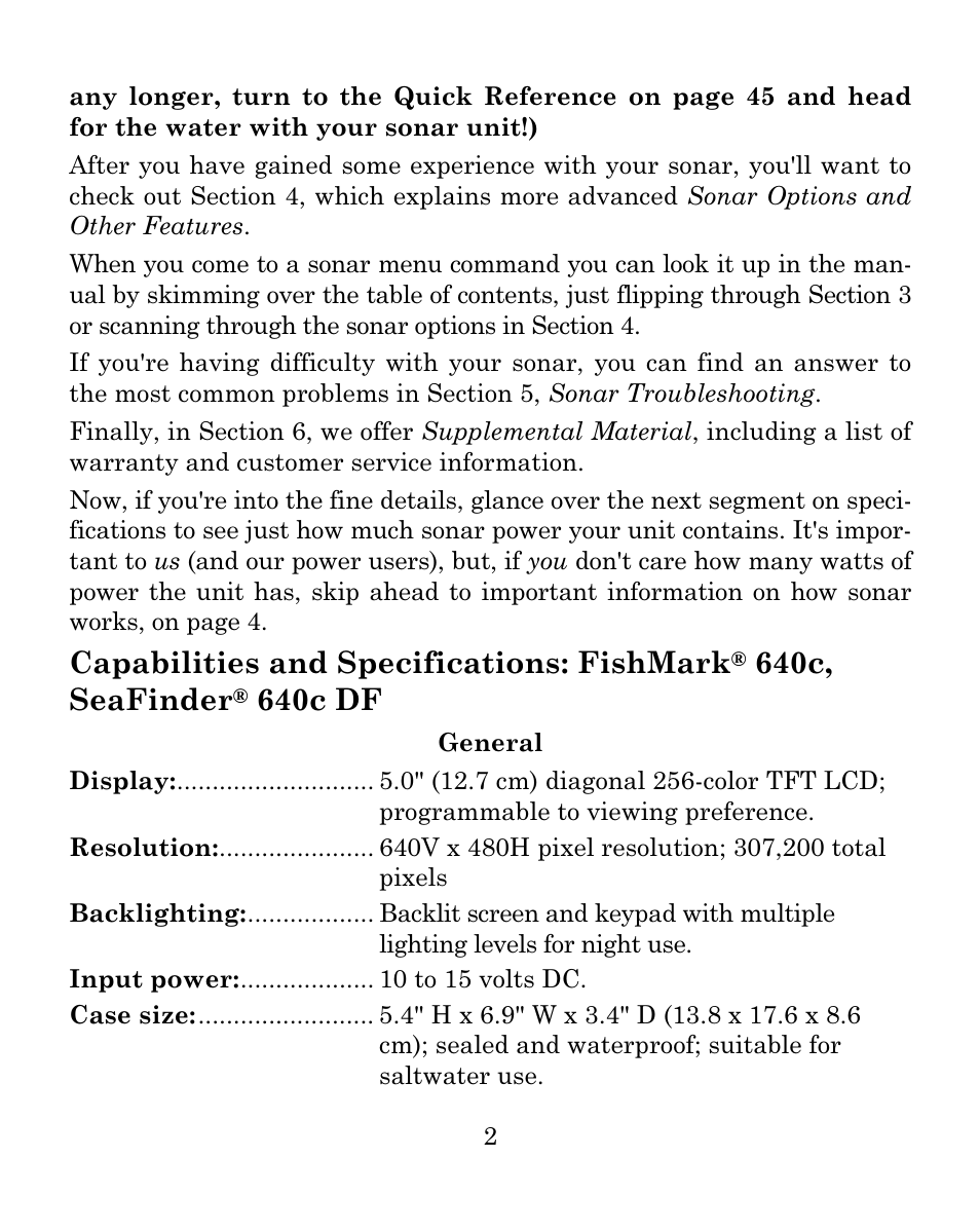 Capabilities and specifications: fishmark, 640c, seafinder, 640c df | Eagle Electronics FISHMARK 640C User Manual | Page 8 / 108