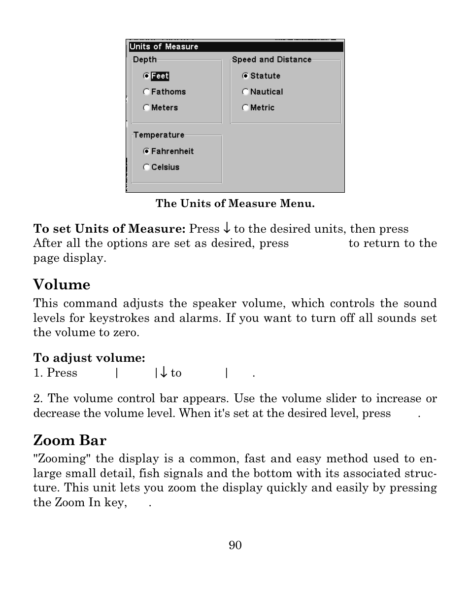 Volume, Zoom bar | Eagle Electronics FISHMARK 640C User Manual | Page 96 / 108