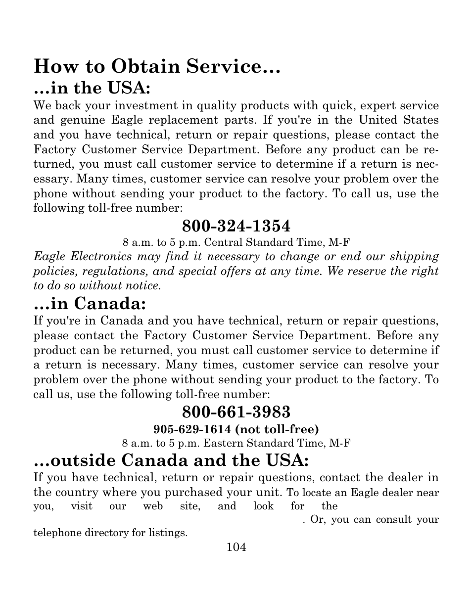 How to obtain service, Outside canada and the usa | Eagle Electronics SEAFINDER 500C User Manual | Page 110 / 112