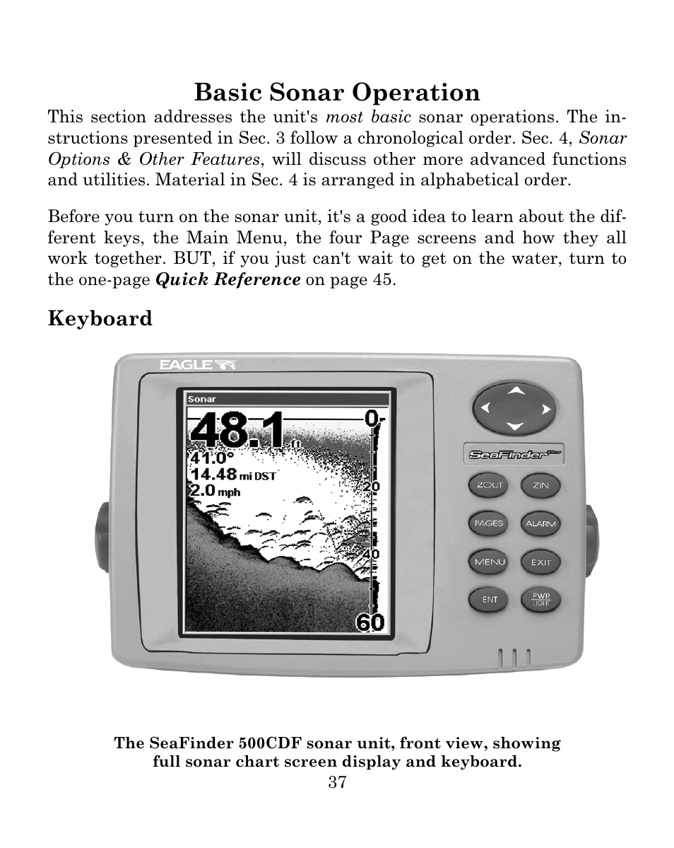 Basic sonar operation, Keyboard | Eagle Electronics SEAFINDER 500C User Manual | Page 43 / 112