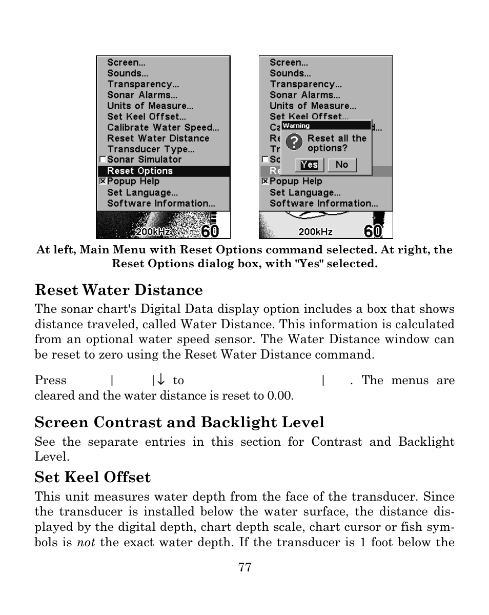 Reset water distance, Screen contrast and backlight level, Set keel offset | Eagle Electronics SEAFINDER 500C User Manual | Page 83 / 112