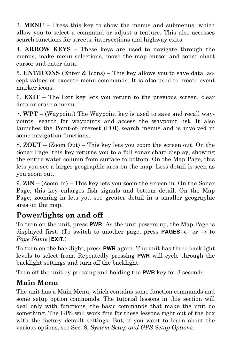 Power/lights on and off, Main menu | Eagle Electronics 500C User Manual | Page 100 / 204
