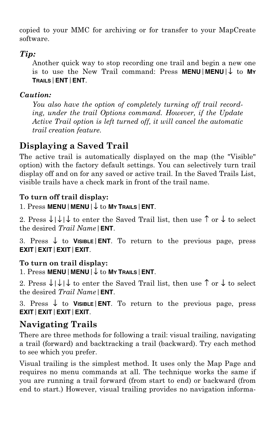 Displaying a saved trail, Navigating trails | Eagle Electronics 500C User Manual | Page 125 / 204