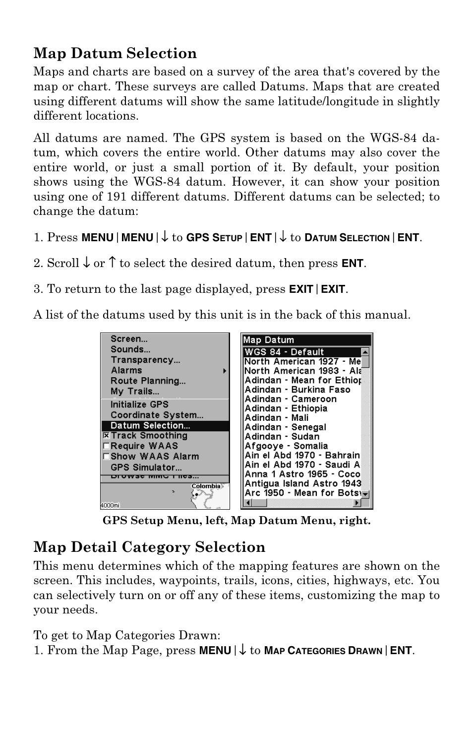 Map datum selection, Map detail category selection | Eagle Electronics 500C User Manual | Page 158 / 204