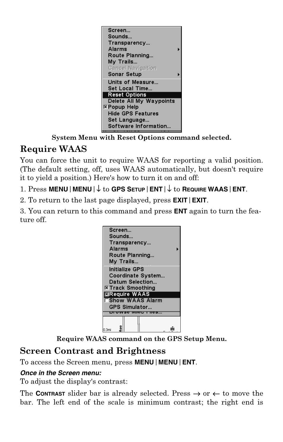 Require waas, Screen contrast and brightness | Eagle Electronics 500C User Manual | Page 167 / 204