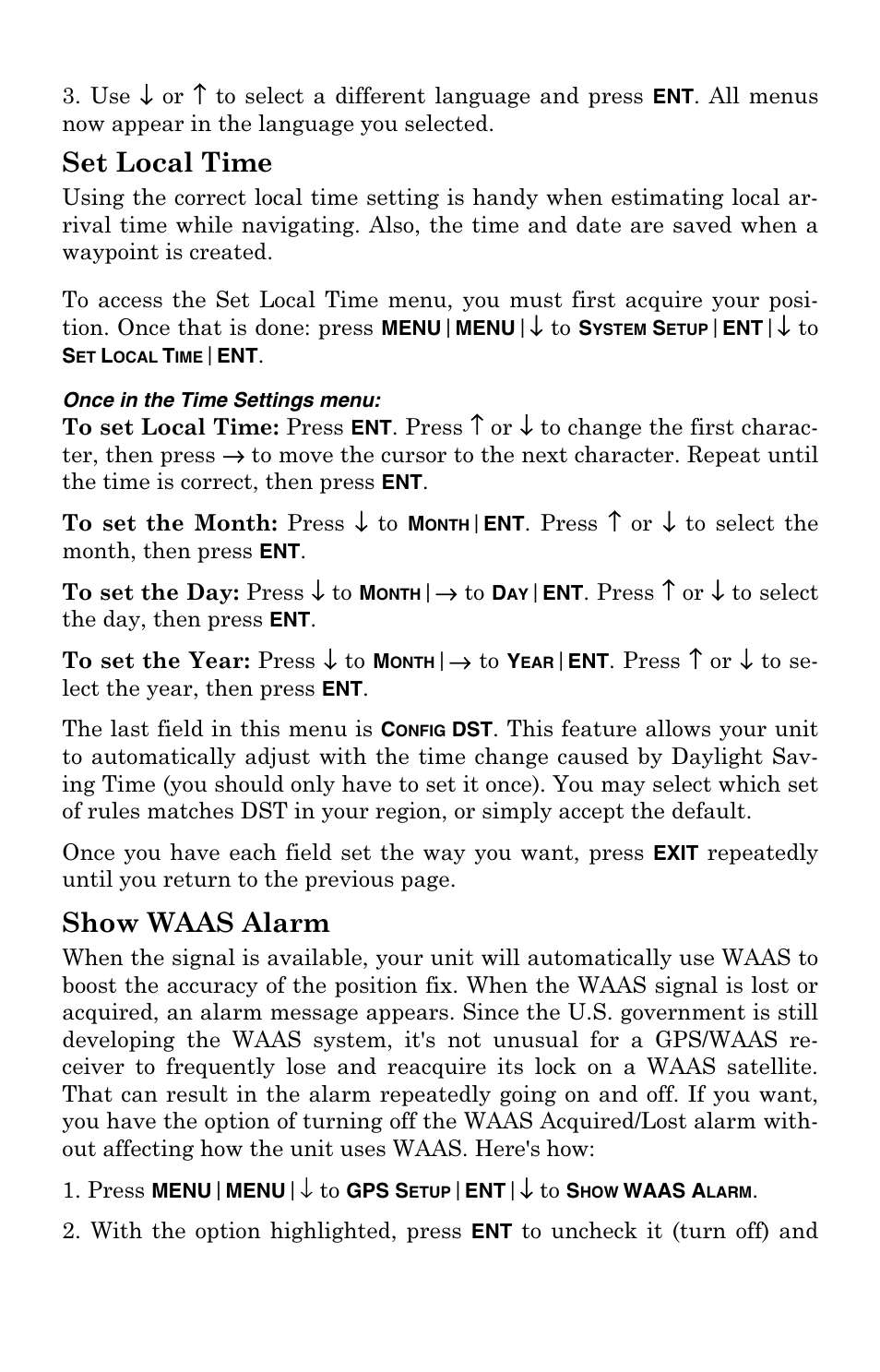 Set local time, Show waas alarm | Eagle Electronics 500C User Manual | Page 169 / 204