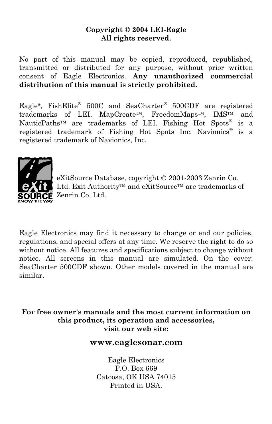 Eagle Electronics 500C User Manual | Page 2 / 204