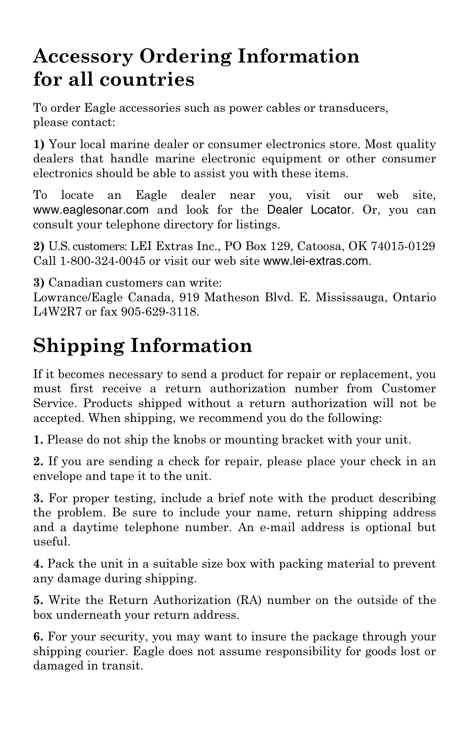 Accessory ordering information for all countries, Shipping information | Eagle Electronics 500C User Manual | Page 203 / 204