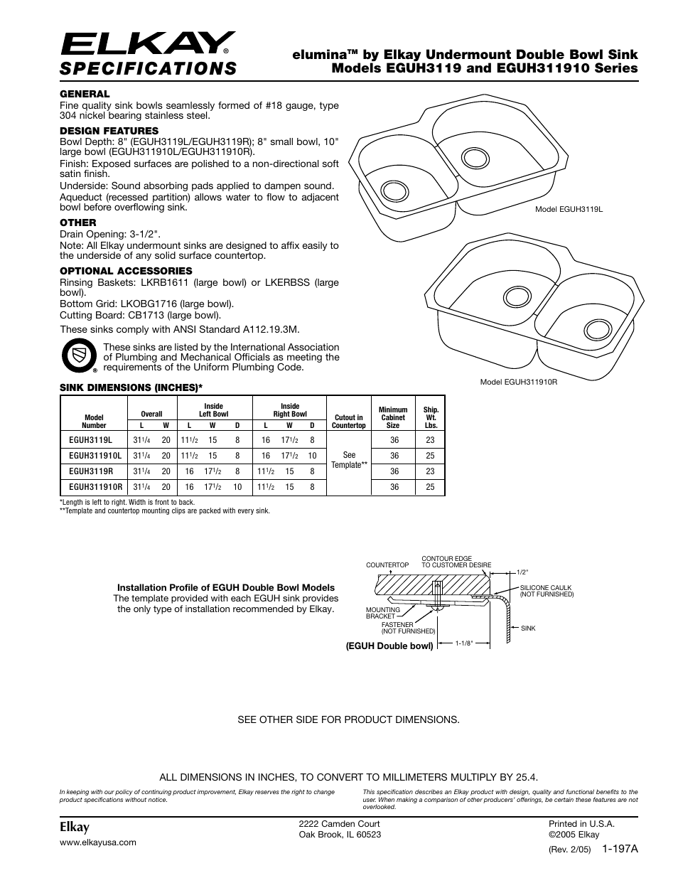 Elkay Elumina EGUH311910 User Manual | 2 pages