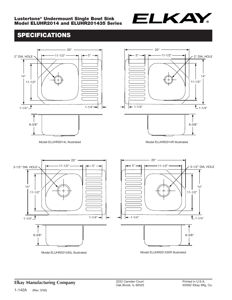 Specifications, Elkay manufacturing company, Lustertone | Elkay ELUHR2014 User Manual | Page 2 / 2