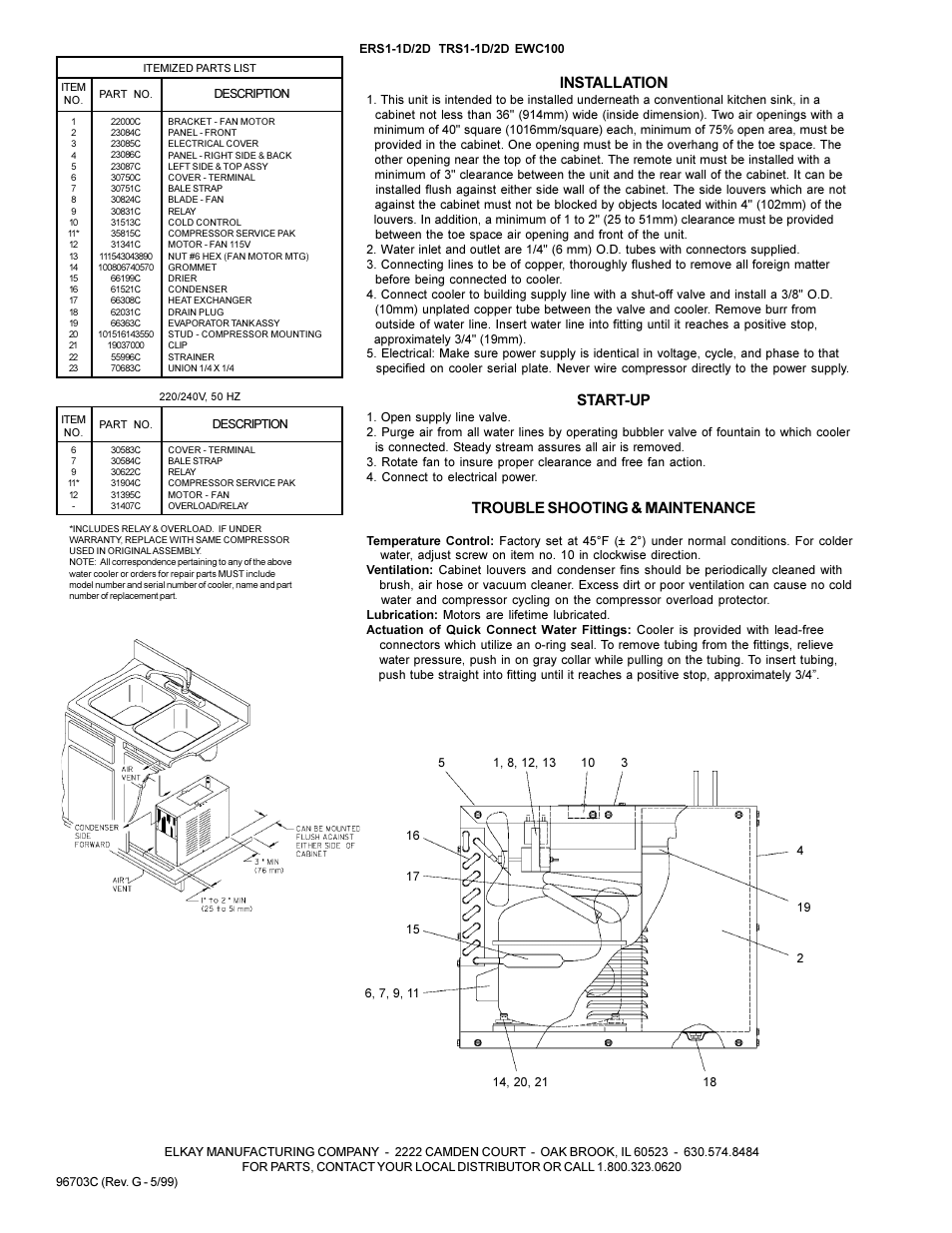 Installation, Start-up, Trouble shooting & maintenance | Elkay ERS1-1D User Manual | Page 2 / 2