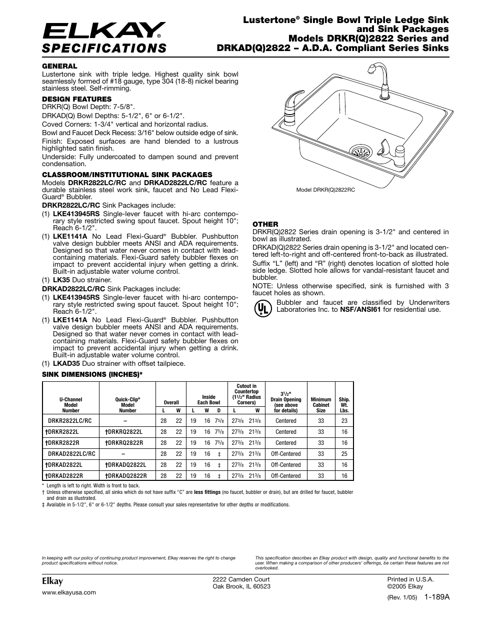 Elkay DRKR2822LC User Manual | 2 pages