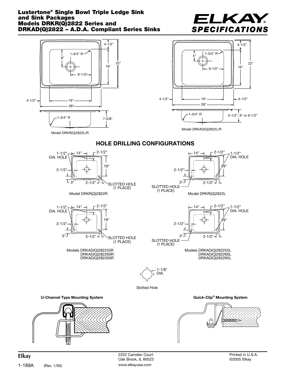 Lustertone, Elkay, Hole drilling configurations | Elkay DRKR2822LC User Manual | Page 2 / 2