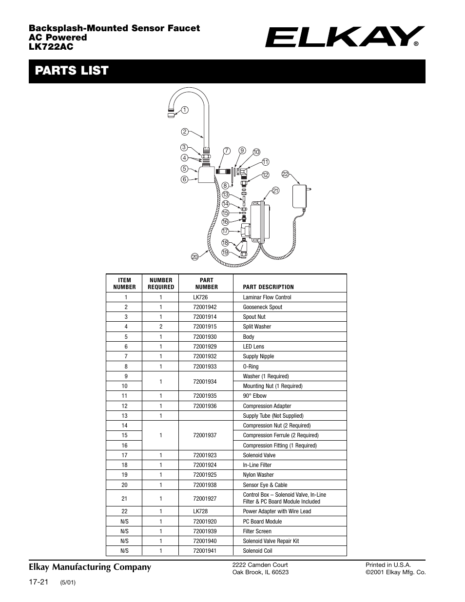 Parts list, Elkay manufacturing company | Elkay LK722AC User Manual | Page 2 / 2