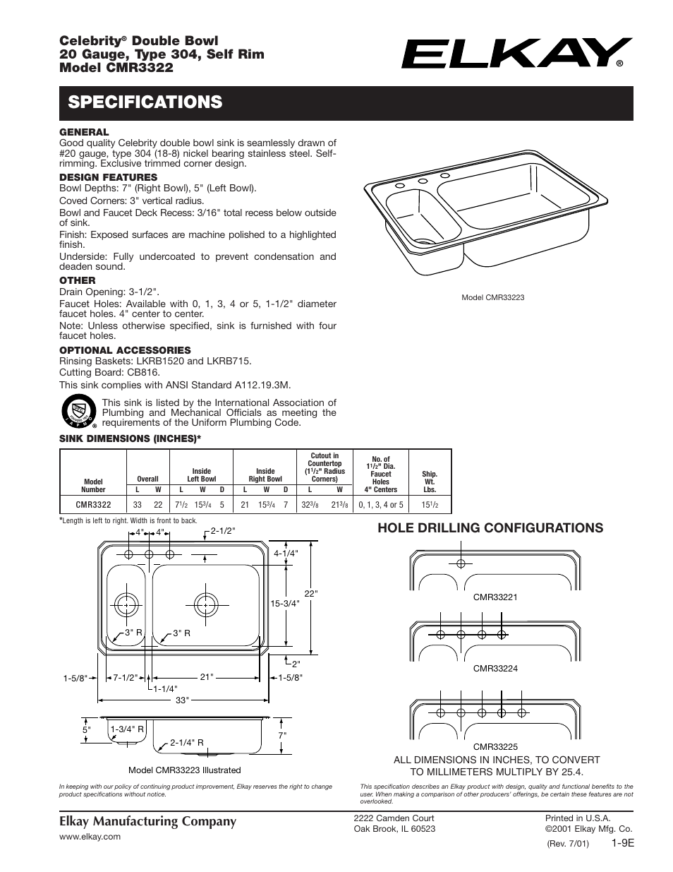 Elkay CMR3322 User Manual | 1 page