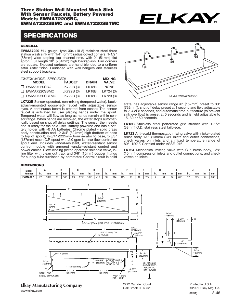 Elkay EWMA7220SBTMC User Manual | 2 pages